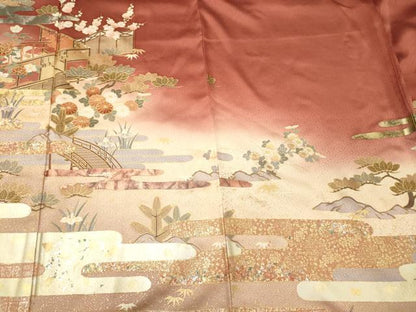 平和屋着物■十日町友禅作家物　龍谷　色留袖　渡り橋花松文　暈し染め　金銀彩　正絹　逸品　CABJ7007oy