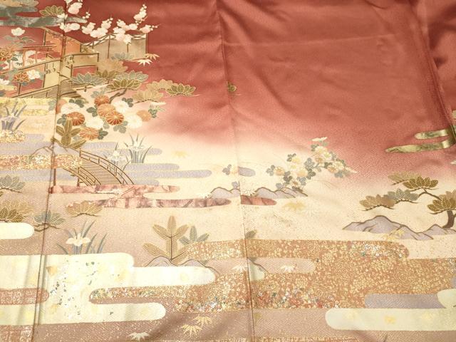 平和屋着物■十日町友禅作家物　龍谷　色留袖　渡り橋花松文　暈し染め　金銀彩　正絹　逸品　CABJ7007oy