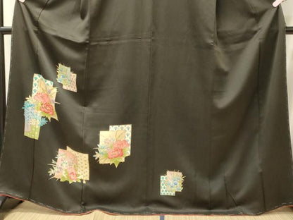 平和屋着物■訪問着　刺繍　色紙重ね吉祥花文　黒地　金彩　正絹　逸品　未使用　CABJ7024oy