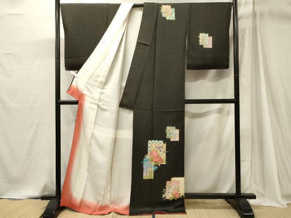平和屋着物■訪問着　刺繍　色紙重ね吉祥花文　黒地　金彩　正絹　逸品　未使用　CABJ7024oy