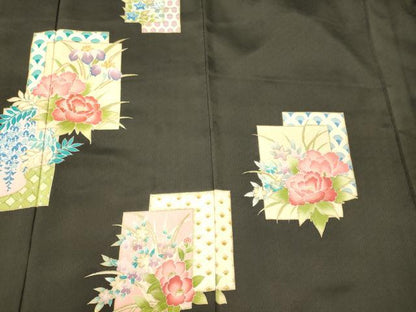 平和屋着物■訪問着　刺繍　色紙重ね吉祥花文　黒地　金彩　正絹　逸品　未使用　CABJ7024oy