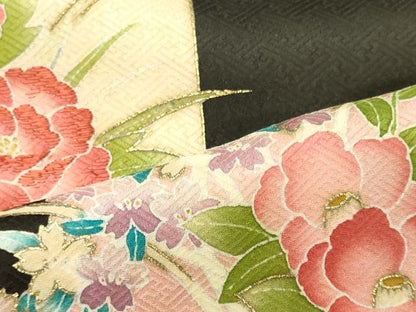 平和屋着物■訪問着　刺繍　色紙重ね吉祥花文　黒地　金彩　正絹　逸品　未使用　CABJ7024oy