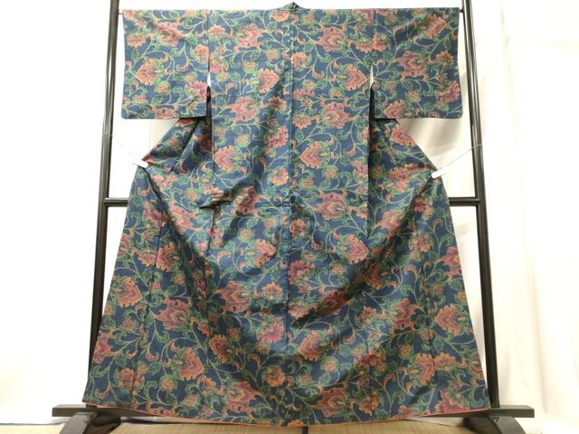 平和屋着物■上質な紬　更紗花唐草文　正絹　逸品　CABJ7054oy