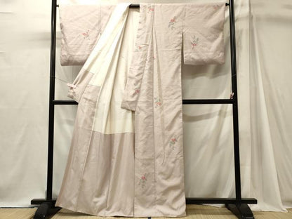 平和屋着物■上質な小紋　友禅　紬地　草花文　正絹　逸品　CABJ7056oy