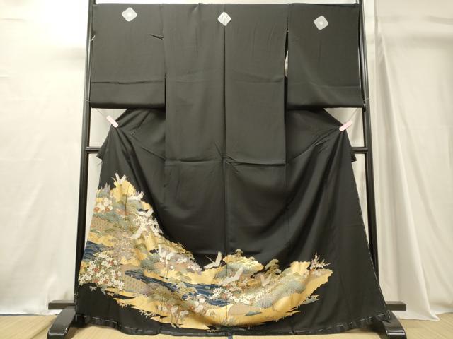 平和屋着物■豪華黒留袖　飛鶴風景花松文　金銀彩　仮絵羽　正絹　逸品　未使用　CABJ7072oy