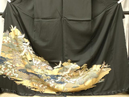平和屋着物■豪華黒留袖　飛鶴風景花松文　金銀彩　仮絵羽　正絹　逸品　未使用　CABJ7072oy
