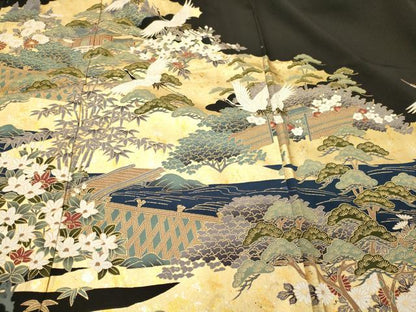 平和屋着物■豪華黒留袖　飛鶴風景花松文　金銀彩　仮絵羽　正絹　逸品　未使用　CABJ7072oy