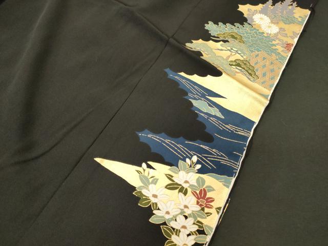 平和屋着物■豪華黒留袖　飛鶴風景花松文　金銀彩　仮絵羽　正絹　逸品　未使用　CABJ7072oy