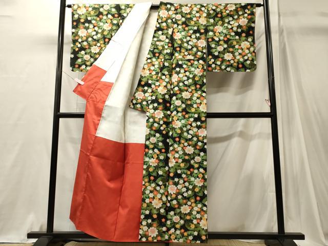 平和屋着物■上質な紬　草花文　黒地　正絹　逸品　未使用　CABJ7078oy