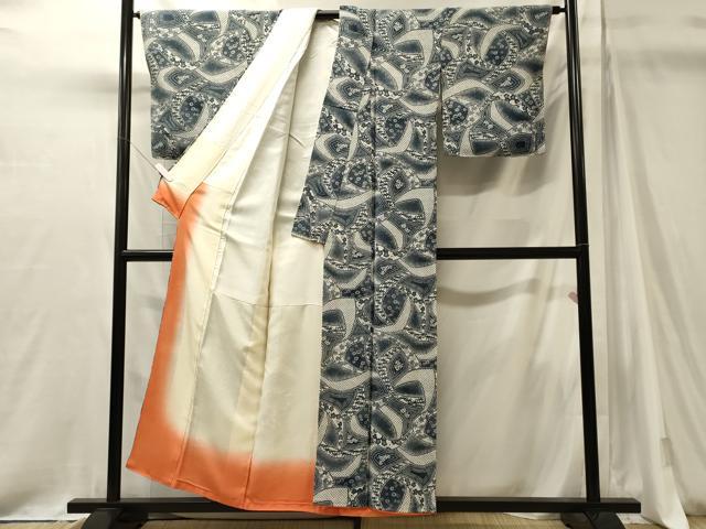 平和屋着物■上質な小紋　型染め　幾何学舞花文　暈し染め　鬼しぼ縮緬　正絹　逸品　未使用　CABJ7164oy