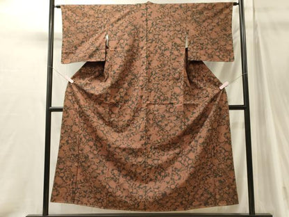 平和屋着物■上質な小紋　紬地　更紗花唐草文　黒地　正絹　逸品　未使用　CABJ7169oy