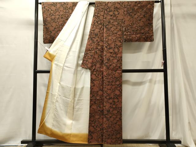 平和屋着物■上質な小紋　紬地　更紗花唐草文　黒地　正絹　逸品　未使用　CABJ7169oy