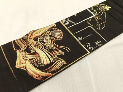 平和屋着物●九寸名古屋帯　平安人物風景文　黒地　金銀糸　正絹　逸品　CABJ7201vp