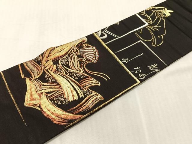 平和屋着物●九寸名古屋帯　平安人物風景文　黒地　金銀糸　正絹　逸品　CABJ7201vp