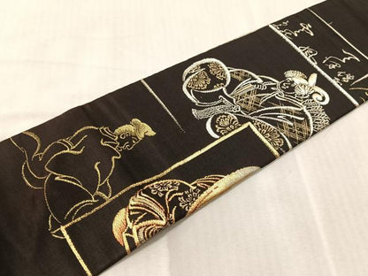 平和屋着物●九寸名古屋帯　平安人物風景文　黒地　金銀糸　正絹　逸品　CABJ7201vp