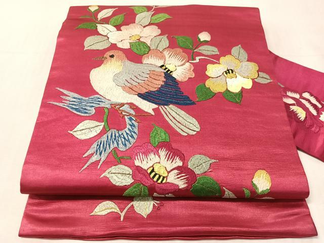 平和屋着物●アンティーク　大正ロマン　総手刺繍　九寸名古屋帯　花鳥文　金糸　正絹　逸品　CABJ7214vp