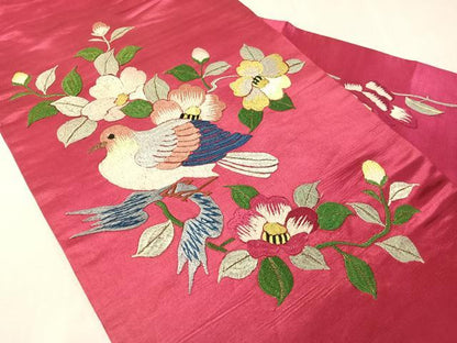 平和屋着物●アンティーク　大正ロマン　総手刺繍　九寸名古屋帯　花鳥文　金糸　正絹　逸品　CABJ7214vp