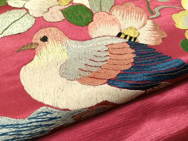平和屋着物●アンティーク　大正ロマン　総手刺繍　九寸名古屋帯　花鳥文　金糸　正絹　逸品　CABJ7214vp