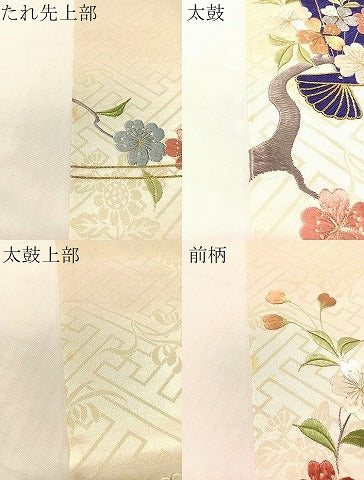 平和屋着物●アンティーク　大正ロマン　総刺繍　太鼓柄袋帯　駒刺繍　檜扇花文　金銀糸　正絹　逸品　CABJ7215vp