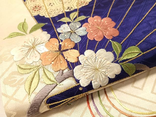 平和屋着物●アンティーク　大正ロマン　総刺繍　太鼓柄袋帯　駒刺繍　檜扇花文　金銀糸　正絹　逸品　CABJ7215vp