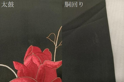 平和屋着物●塩瀬　総刺繍　駒刺繍　九寸名古屋帯　草花文　黒地　正絹　逸品　CABJ7218vp