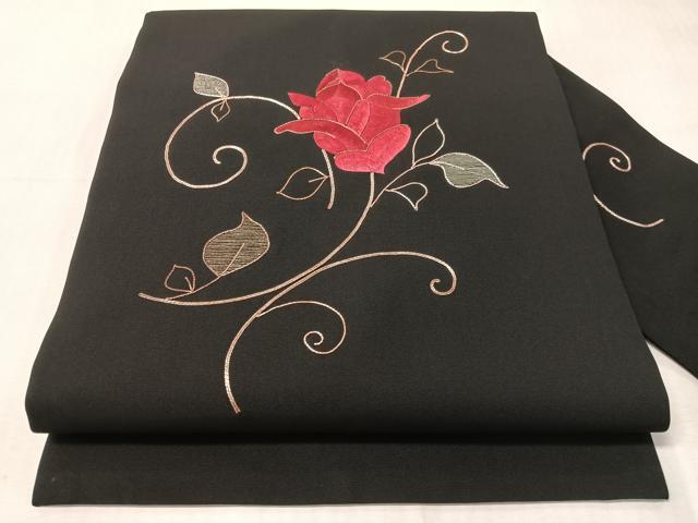 平和屋着物●塩瀬　総刺繍　駒刺繍　九寸名古屋帯　草花文　黒地　正絹　逸品　CABJ7218vp