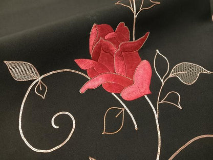 平和屋着物●塩瀬　総刺繍　駒刺繍　九寸名古屋帯　草花文　黒地　正絹　逸品　CABJ7218vp