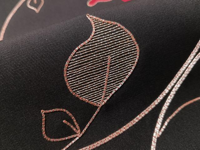 平和屋着物●塩瀬　総刺繍　駒刺繍　九寸名古屋帯　草花文　黒地　正絹　逸品　CABJ7218vp