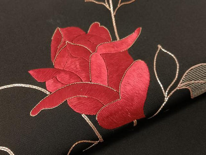 平和屋着物●塩瀬　総刺繍　駒刺繍　九寸名古屋帯　草花文　黒地　正絹　逸品　CABJ7218vp