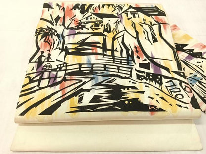 平和屋着物●塩瀬　九寸名古屋帯　人物風景文　正絹　逸品　CABJ7220vp