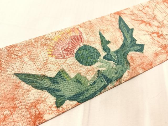 平和屋着物●九寸名古屋帯　紬地　ろうけつ染め　アザミ　正絹　逸品　CABJ7221vp