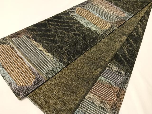 平和屋着物●六通柄袋帯　櫛織　よろけ縞　黒地　金糸　正絹　逸品　CABJ7229vp