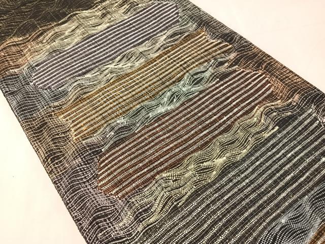 平和屋着物●六通柄袋帯　櫛織　よろけ縞　黒地　金糸　正絹　逸品　CABJ7229vp