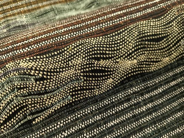 平和屋着物●六通柄袋帯　櫛織　よろけ縞　黒地　金糸　正絹　逸品　CABJ7229vp
