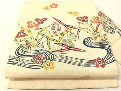 平和屋着物●九寸名古屋帯　紬地　型染め　流水花文　正絹　逸品　CABJ7230vp