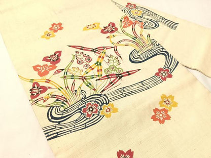 平和屋着物●九寸名古屋帯　紬地　型染め　流水花文　正絹　逸品　CABJ7230vp
