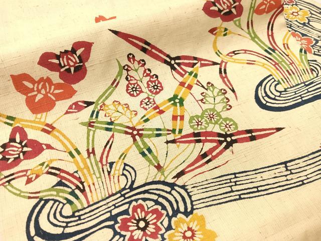 平和屋着物●九寸名古屋帯　紬地　型染め　流水花文　正絹　逸品　CABJ7230vp