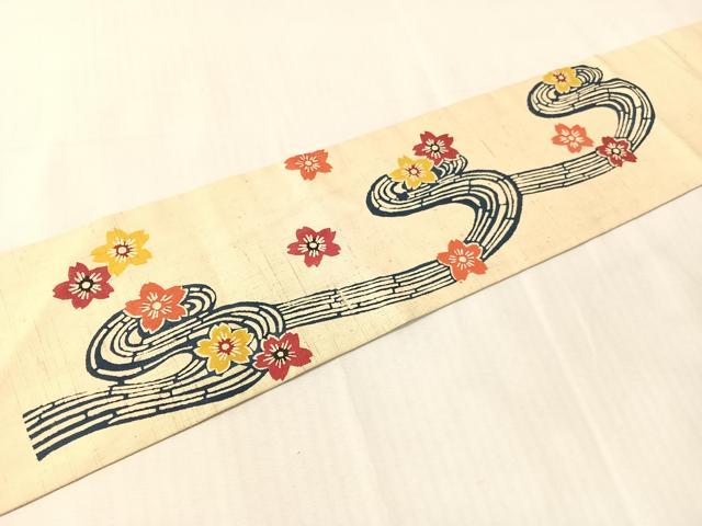 平和屋着物●九寸名古屋帯　紬地　型染め　流水花文　正絹　逸品　CABJ7230vp
