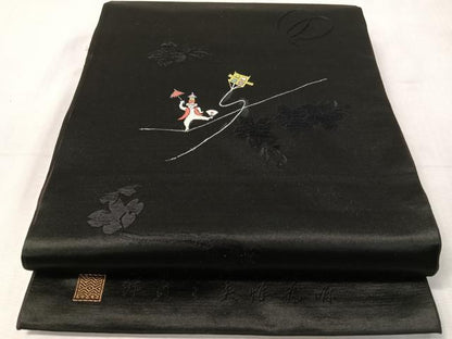 平和屋着物●アンティーク　大正ロマン　九寸開き名古屋帯　手描き　刺繍　猿　黒地　正絹　逸品　CABJ7232vp
