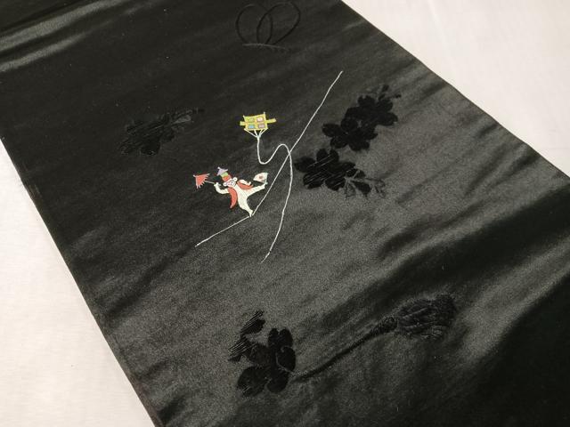 平和屋着物●アンティーク　大正ロマン　九寸開き名古屋帯　手描き　刺繍　猿　黒地　正絹　逸品　CABJ7232vp