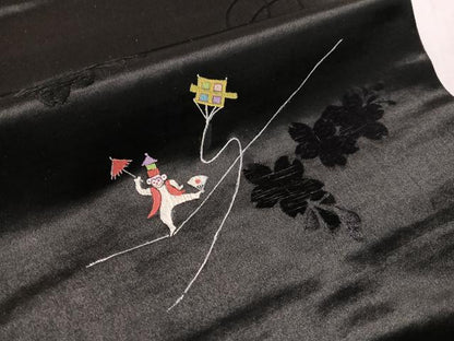 平和屋着物●アンティーク　大正ロマン　九寸開き名古屋帯　手描き　刺繍　猿　黒地　正絹　逸品　CABJ7232vp