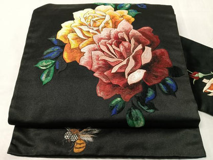 平和屋着物●アンティーク　大正ロマン　総手刺繍　螺鈿　九寸名古屋帯　薔薇　虫　黒地　正絹　逸品　CABJ7233vp
