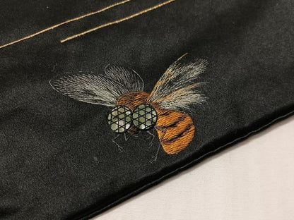 平和屋着物●アンティーク　大正ロマン　総手刺繍　螺鈿　九寸名古屋帯　薔薇　虫　黒地　正絹　逸品　CABJ7233vp