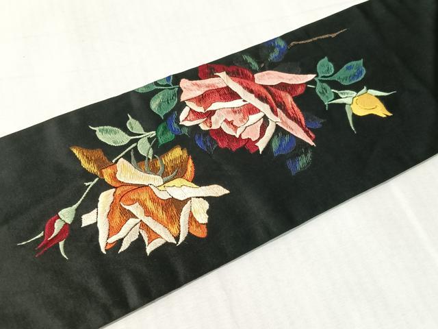 平和屋着物●アンティーク　大正ロマン　総手刺繍　螺鈿　九寸名古屋帯　薔薇　虫　黒地　正絹　逸品　CABJ7233vp