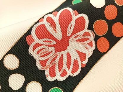 平和屋着物●塩瀬　九寸開き名古屋帯　ろうけつ染め　吉祥花文　金彩　正絹　逸品　CABJ7234vp