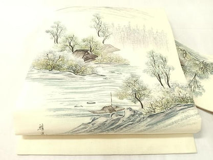 平和屋着物●九寸名古屋帯　作家物　手描き　紬地　風景文　正絹　逸品　CABJ7236vp