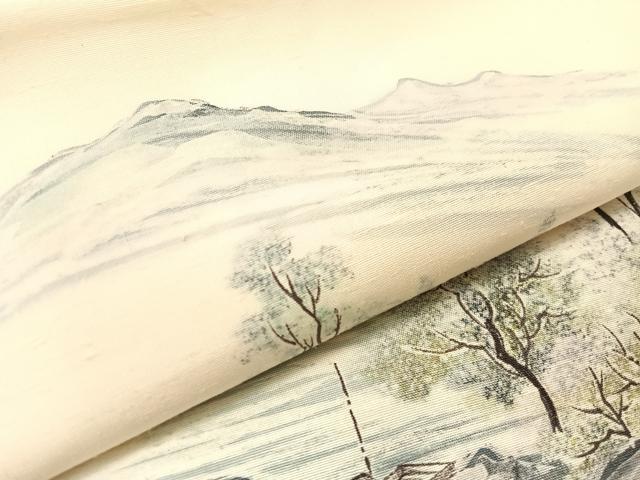 平和屋着物●九寸名古屋帯　作家物　手描き　紬地　風景文　正絹　逸品　CABJ7236vp