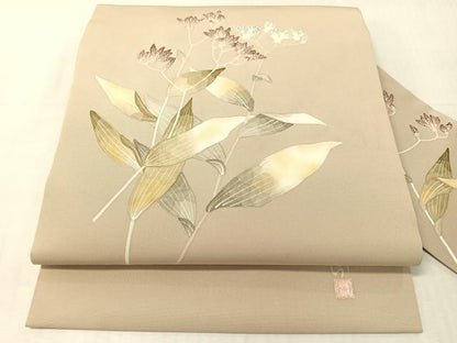 平和屋着物●華道家　楠目ちづ　塩瀬　九寸名古屋帯　手描き　草花文　正絹　逸品　CABJ7238vp