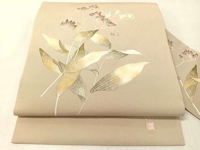 平和屋着物●華道家　楠目ちづ　塩瀬　九寸名古屋帯　手描き　草花文　正絹　逸品　CABJ7238vp