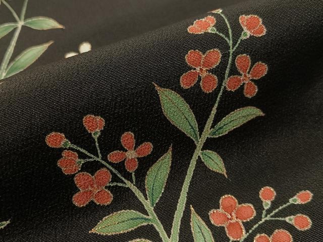 平和屋着物●九寸名古屋帯　草花文　黒地　金彩　正絹　逸品　CABJ7239vp